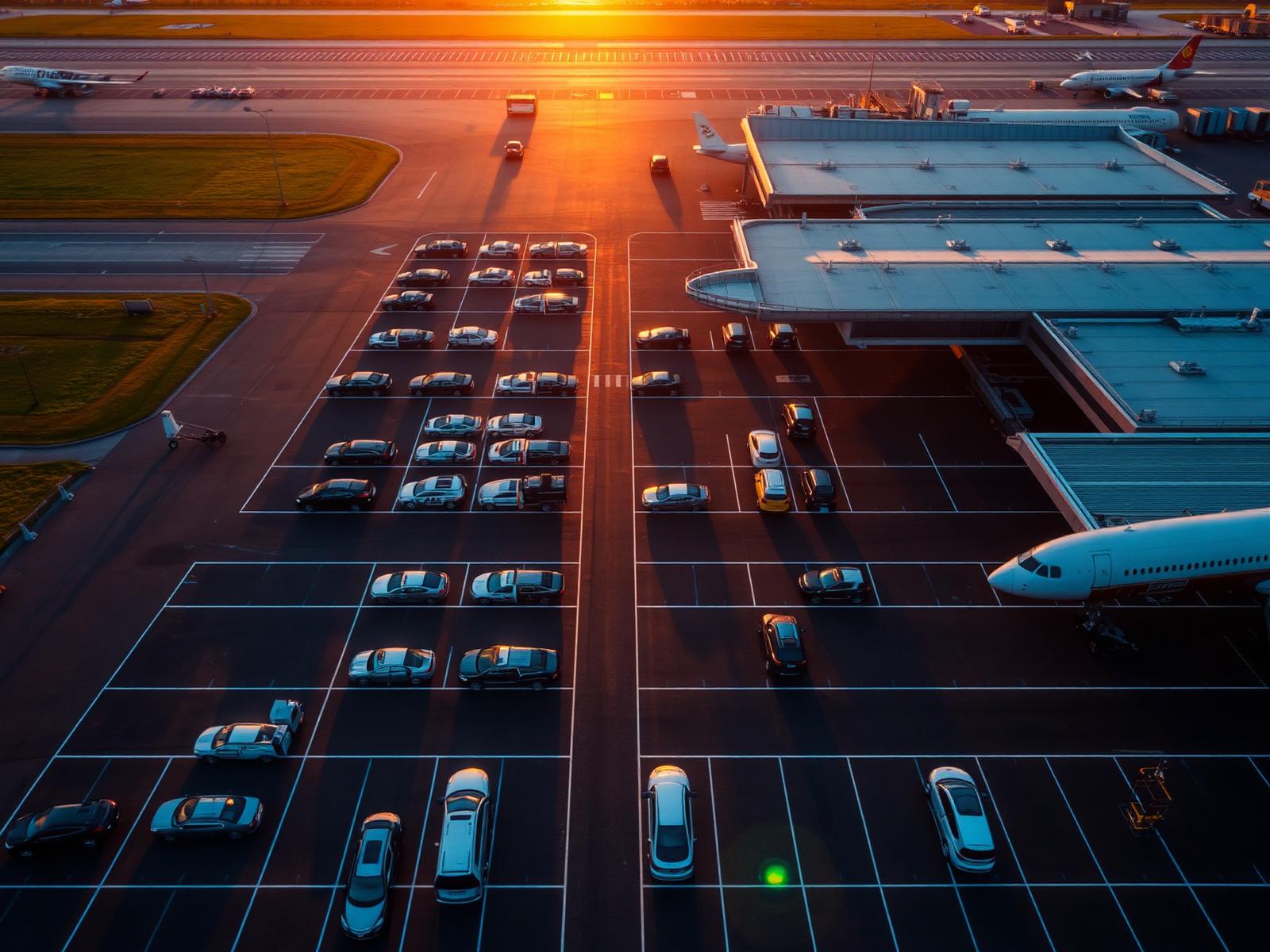 Vista aérea de una campa de parking de aeropuerto al atardecer