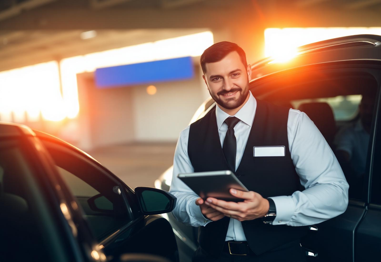 Operario de valet con tablet recibiendo un coche